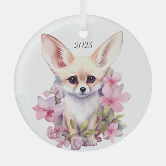 (image for) Round Fennec Fox 2025 Floral CA Glass Ornament
